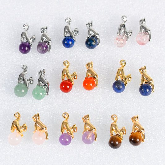 Jewelry Natural Crystal Raw Stone Earrings Cat Ball Beads Earrings Temperament Personality Sweet Earrings 