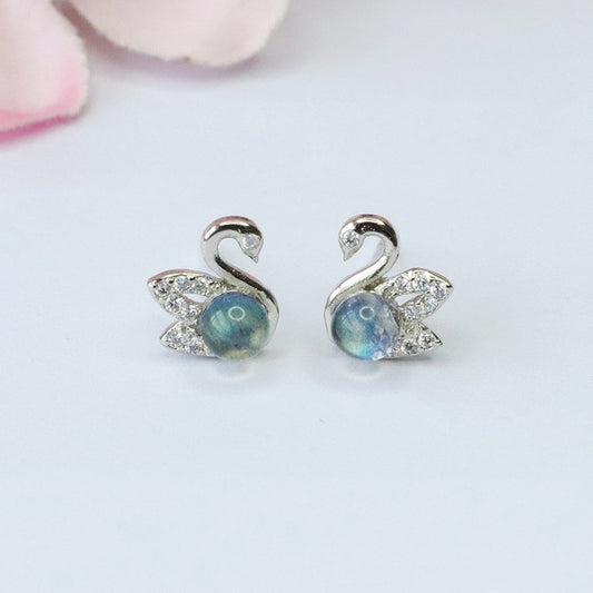 Natural Moonstone Swan S925 Silver Needle Earrings Labradorite Strong Blue Light CB3100310 