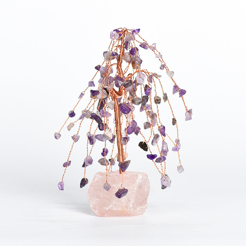 Pink crystal base, silk-wrapped crystal tree ornaments, handicrafts, amethyst crystal tree, home office desk, creative tree decoration 