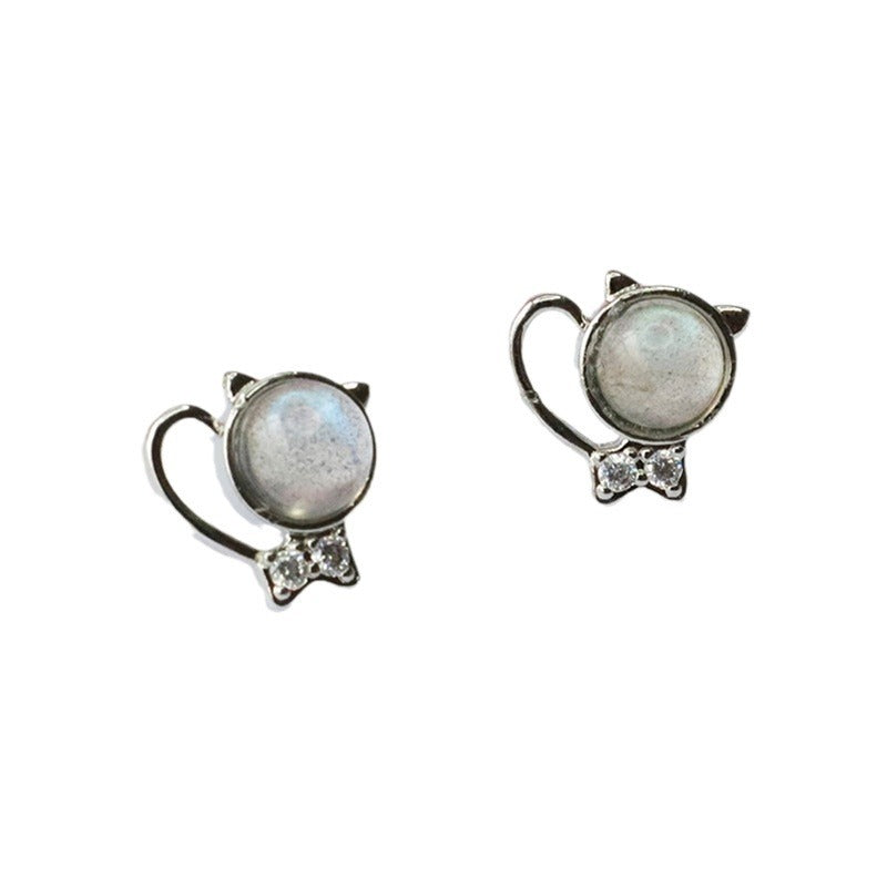 Natural Moonstone Cat S925 Silver Needle Earrings Labradorite Earrings CB3100313 