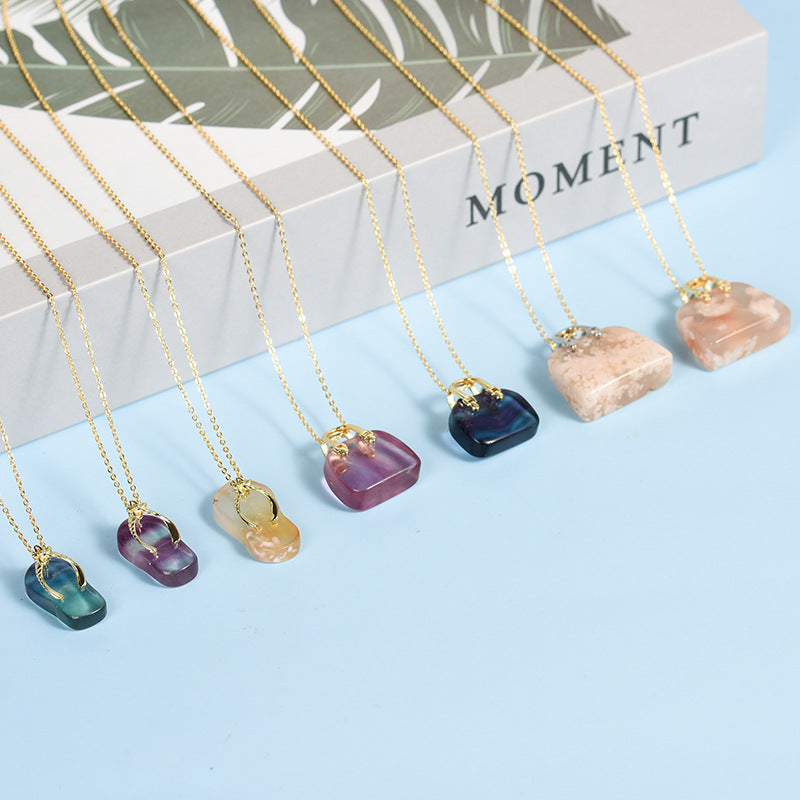 Hot selling natural crystal rough stone shoe-shaped bag-shaped pendant colorful fluorite necklace handmade jewelry 