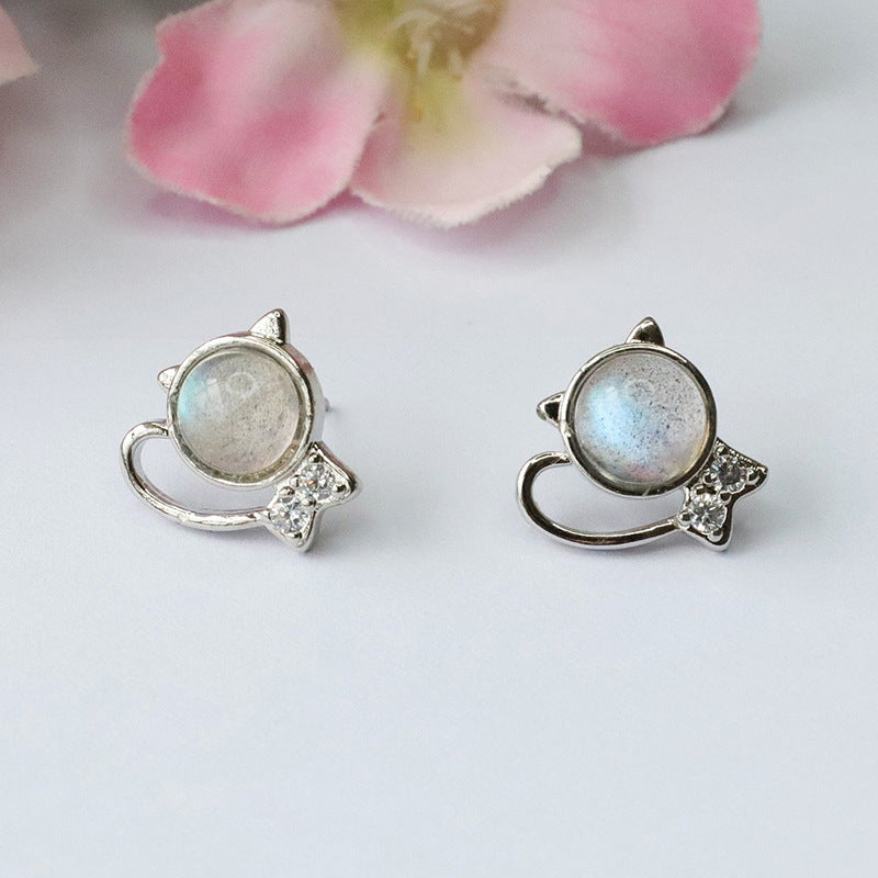 Natural Moonstone Cat S925 Silver Needle Earrings Labradorite Earrings CB3100313 