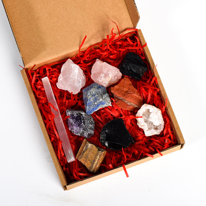 9 crystal stones best-selling raw stone tumbled stone Christmas set box white crystal rose quartz festive gift ornaments 