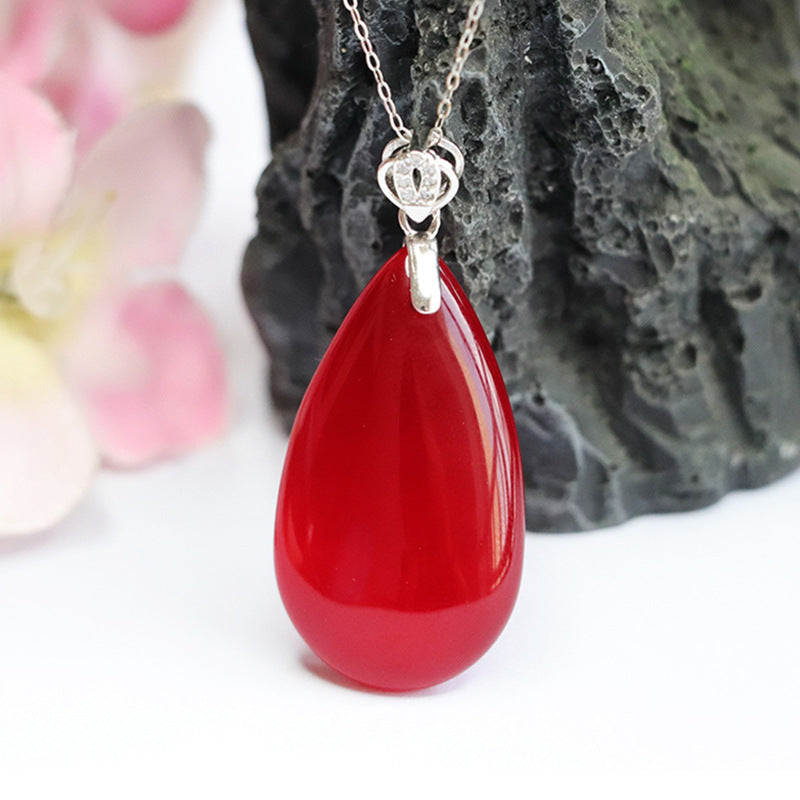 S925 silver inlaid with natural red agate pendant chalcedony drop necklace MN3110101