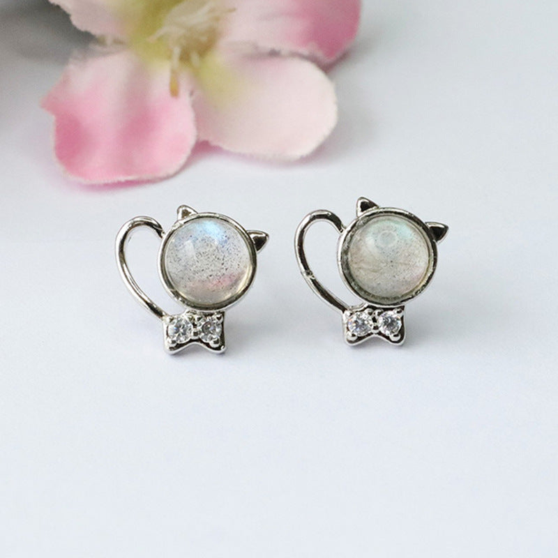 Natural Moonstone Cat S925 Silver Needle Earrings Labradorite Earrings CB3100313 