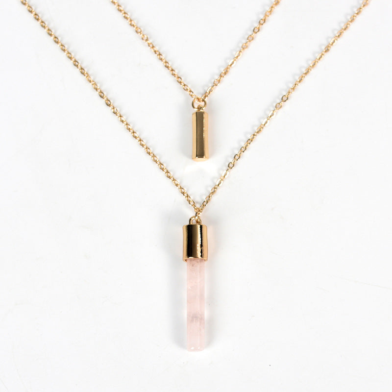 Natural crystal cylinder pendant wrapped around silk European and American pink and white irregular stone necklace accessories 