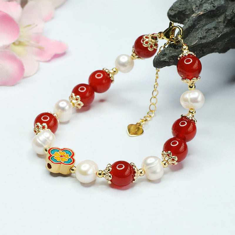 Natural freshwater pearl bracelet red agate four-leaf clover bracelet for women ZZ3032903