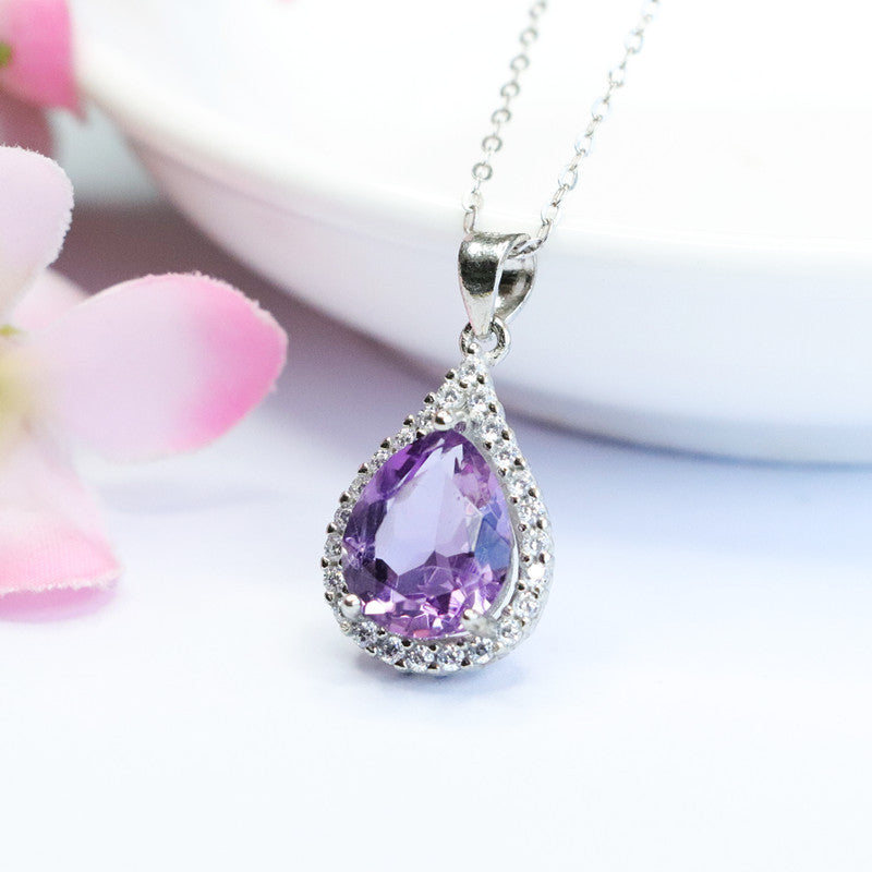 S925 silver inlaid natural amethyst pendant water drop light luxury colorful treasure live supply CB2082012 