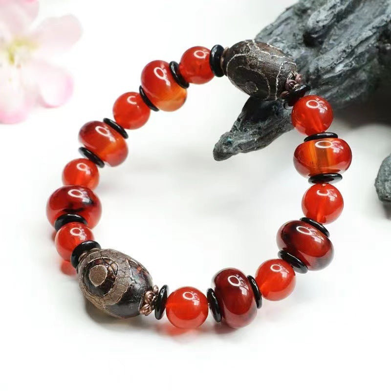 Three Eyes Dzi Bead Bracelet Red Agate Bracelet Chalcedony Jewelry MN1122580