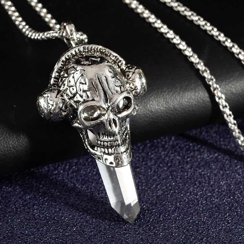 European and American style jewelry punk style skull pirate metal white crystal original stone column pendant necklace 