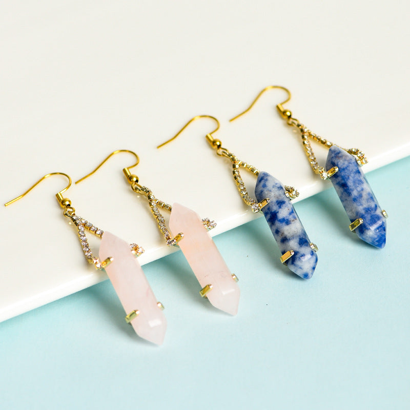 Foreign trade jewelry natural crystal raw stone earrings cute crystal hexagonal prism earrings temperament personality sweet earrings 