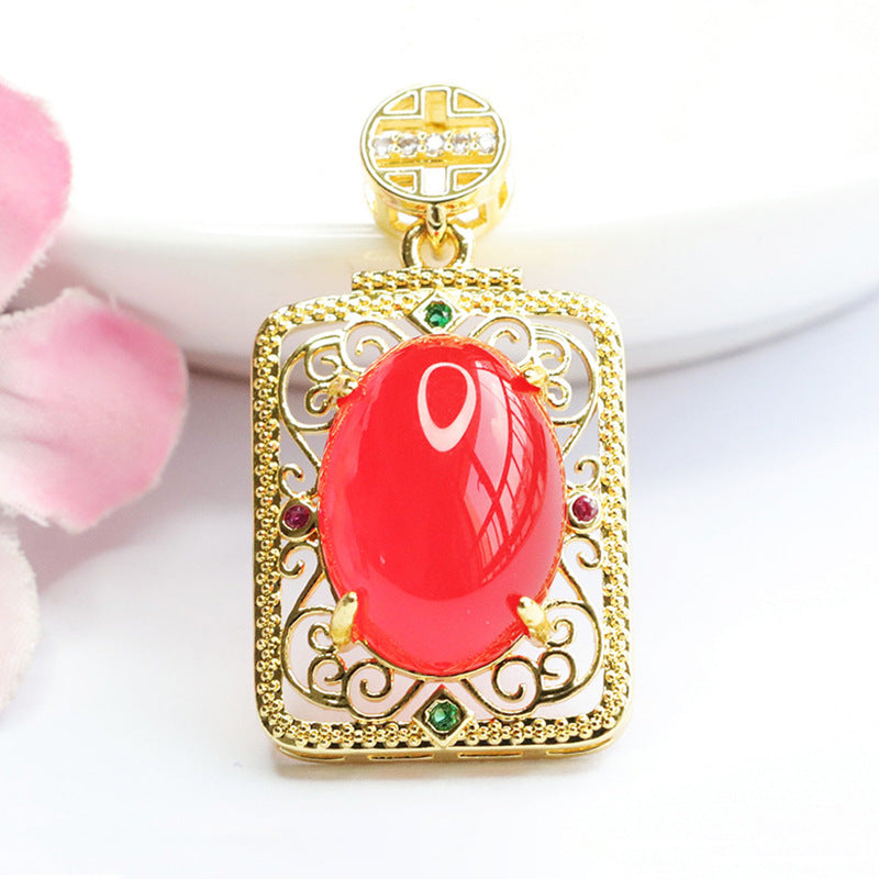 Natural red agate square plate pendant yellow and green chalcedony necklace retro jewelry MN3110513