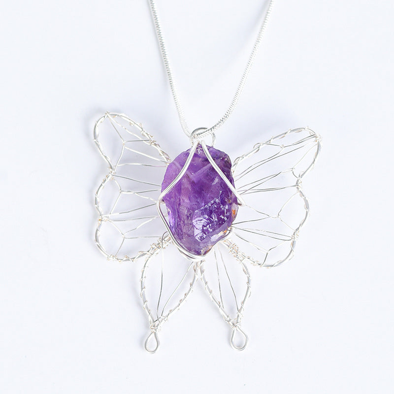 Natural crystal rough stone pendant wrapped around silk European and American pink and white amethyst fluorite high-end crystal butterfly necklace accessories 