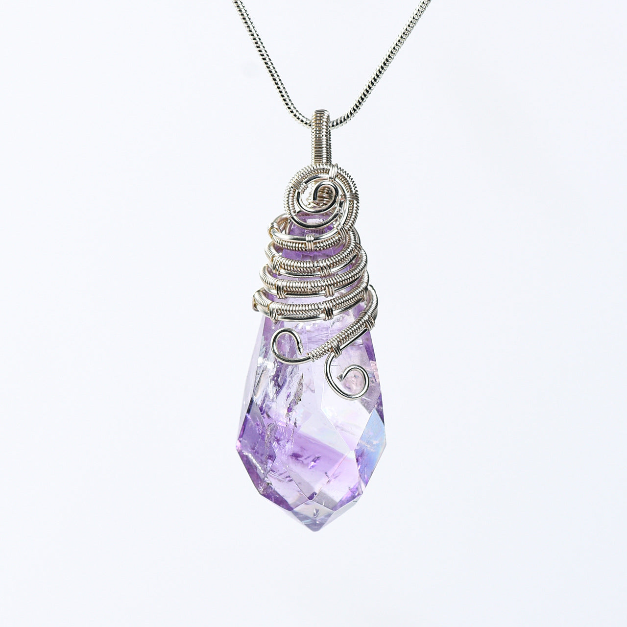 Natural crystal raw stone pendant wrapped around silk European and American pink and white amethyst fluorite high-end crystal pendulum necklace accessories 