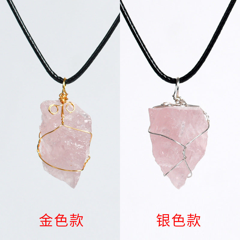 Natural crystal gravel pendant wrapped around wire European and American pink and white amethyst fluorite irregular stone necklace accessories 