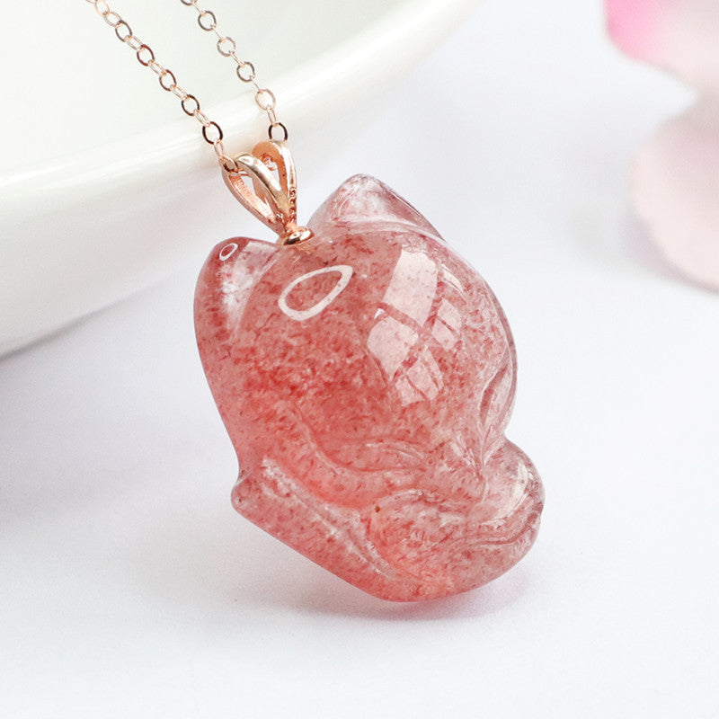 S925 Silver Inlaid Natural Strawberry Crystal Little Fox Pendant Pigeon Blood Red Jewelry Live Delivery CB2042402 