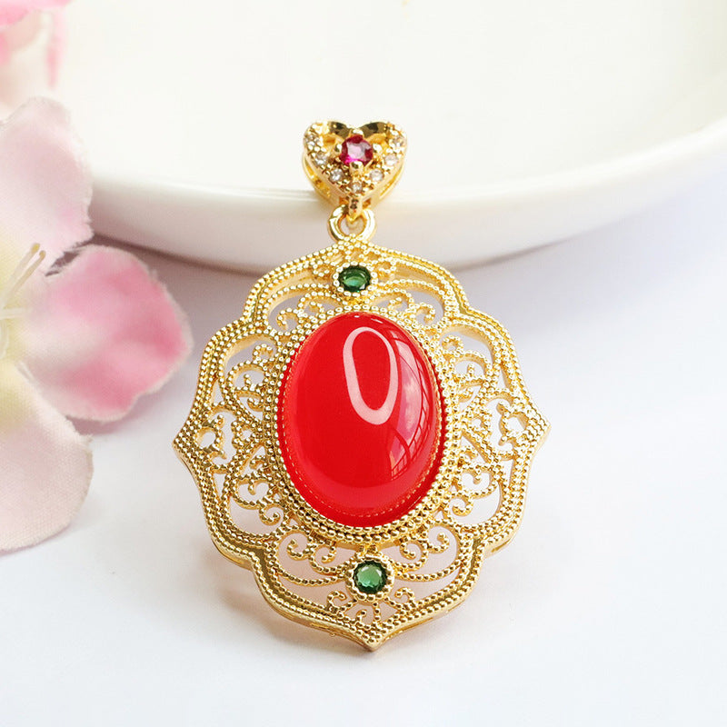 Natural red agate pendant chalcedony hollow auspicious cloud necklace retro MN3110614