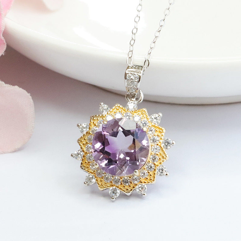 S925 silver inlaid with natural amethyst pendant purple colorful gem necklace CB3110106 