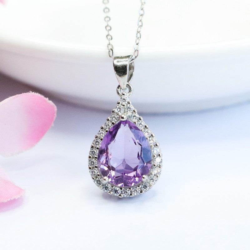 S925 silver inlaid natural amethyst pendant water drop light luxury colorful treasure live supply CB2082012 