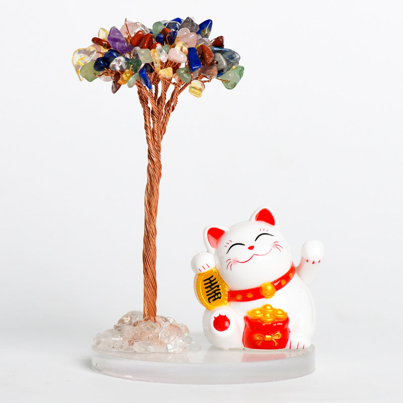 Natural crystal tree gravel ornaments crystal tree home creative office decoration crafts white cat style 