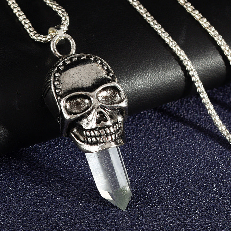 European and American style jewelry punk style skull pirate metal white crystal original stone column pendant necklace 