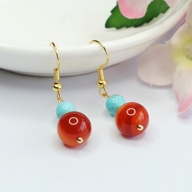 Natural red agate earrings, wire-wrapped striped chalcedony ear hook earrings MN4010102