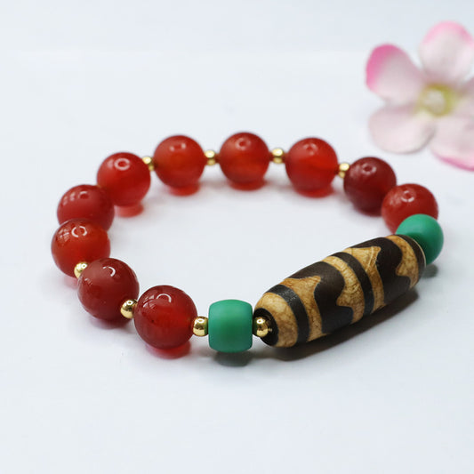 Natural Tiger Tooth Dzi Beads Red Agate Six-Word Mantra Bracelet Chalcedony MN2032203