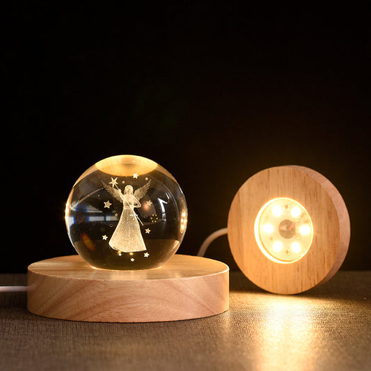 Solid wood luminous crystal ball base LED crystal round wooden USB interface hollow log square lamp holder 