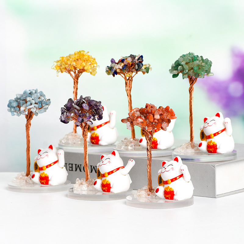 Natural crystal tree gravel ornaments crystal tree home creative office decoration crafts white cat style 