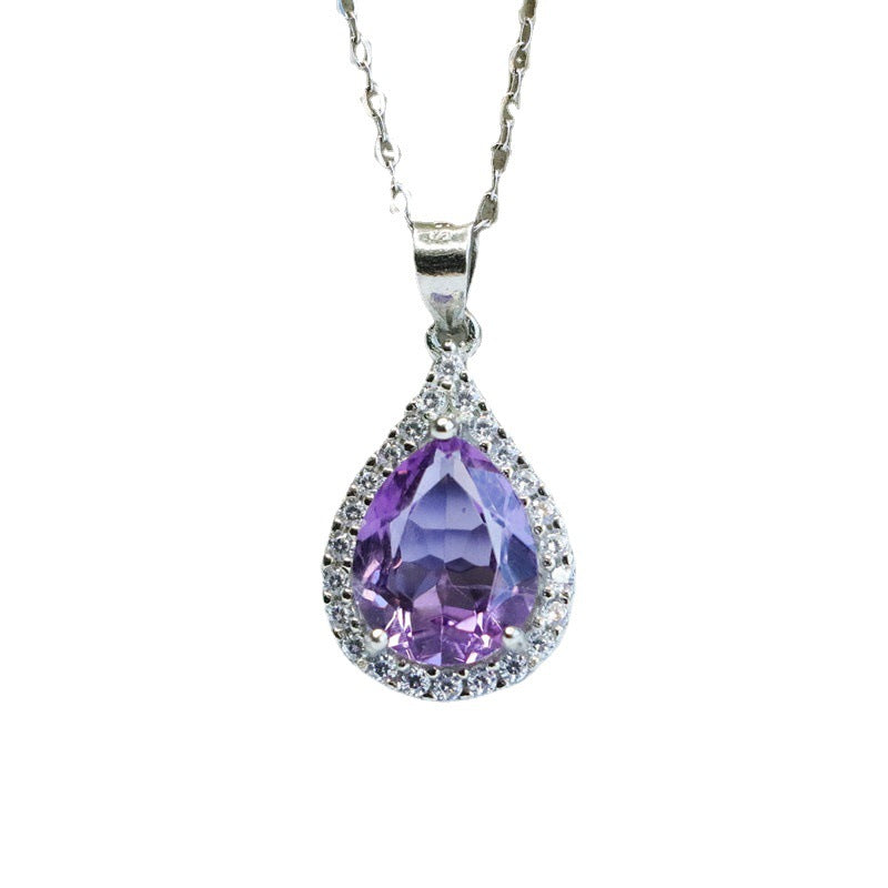 S925 silver inlaid natural amethyst pendant water drop light luxury colorful treasure live supply CB2082012 