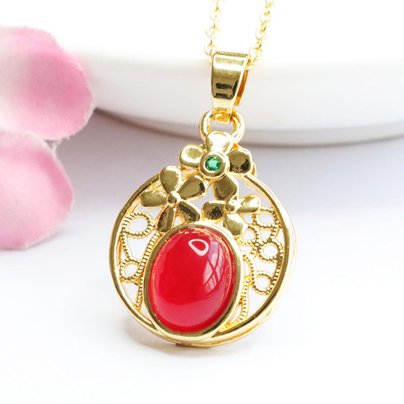 Natural red agate flower pendant hollow chrysoprase necklace ethnic style MN3110607