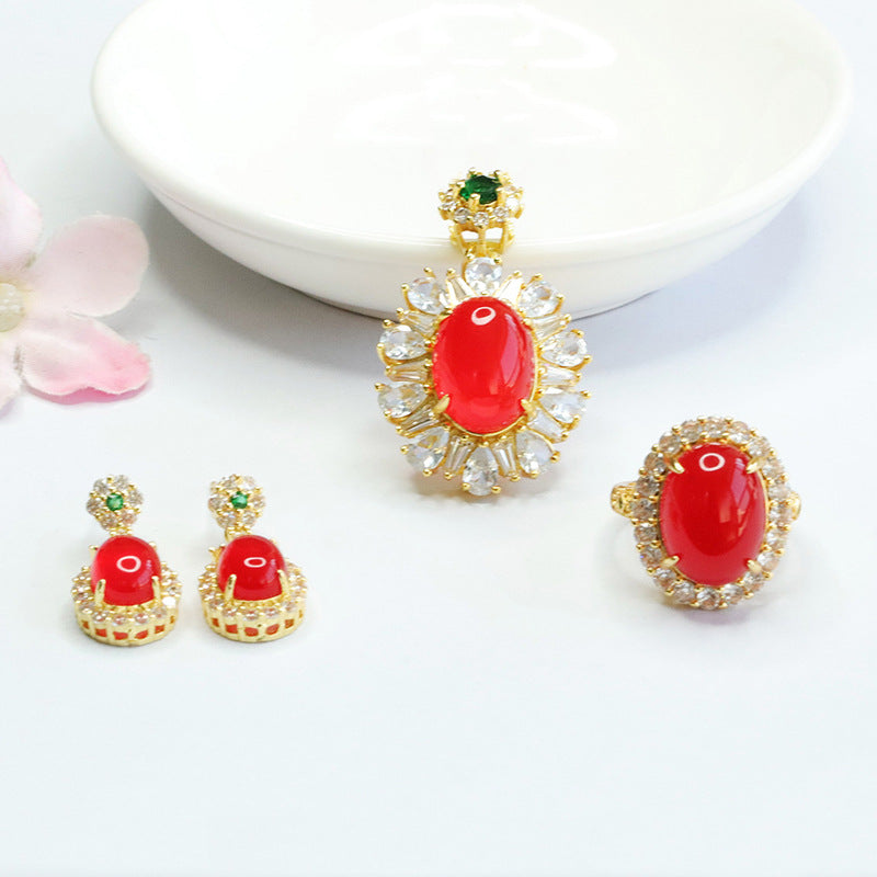 Natural red agate three-piece pendant earrings ring chalcedony set MN3121205