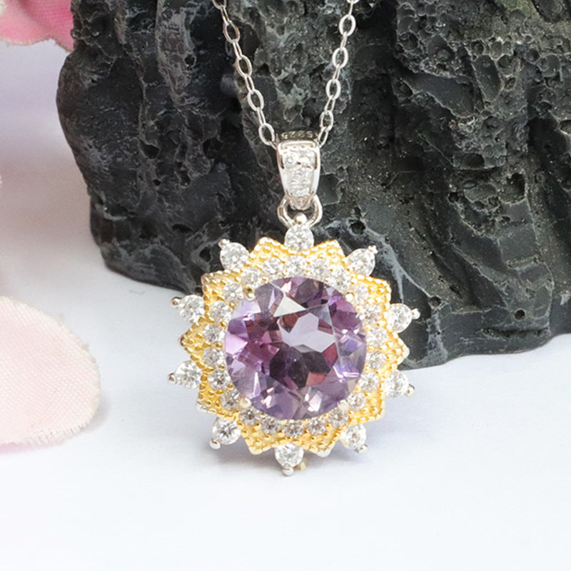 S925 silver inlaid with natural amethyst pendant purple colorful gem necklace CB3110106 