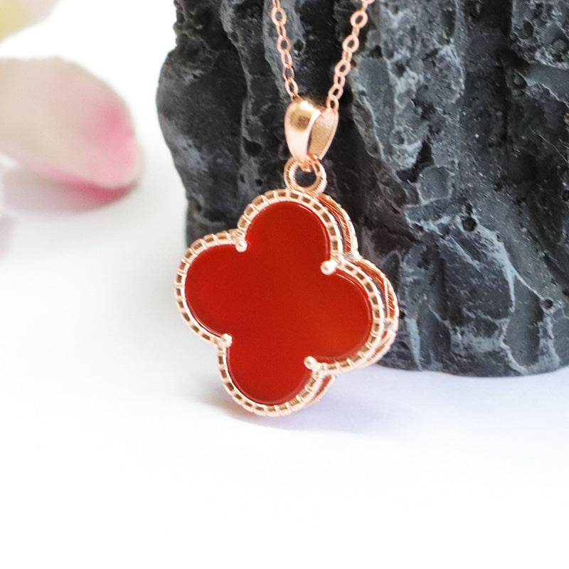 Customized S925 silver inlaid with natural red agate pendant chalcedony four-leaf clover MN2101003