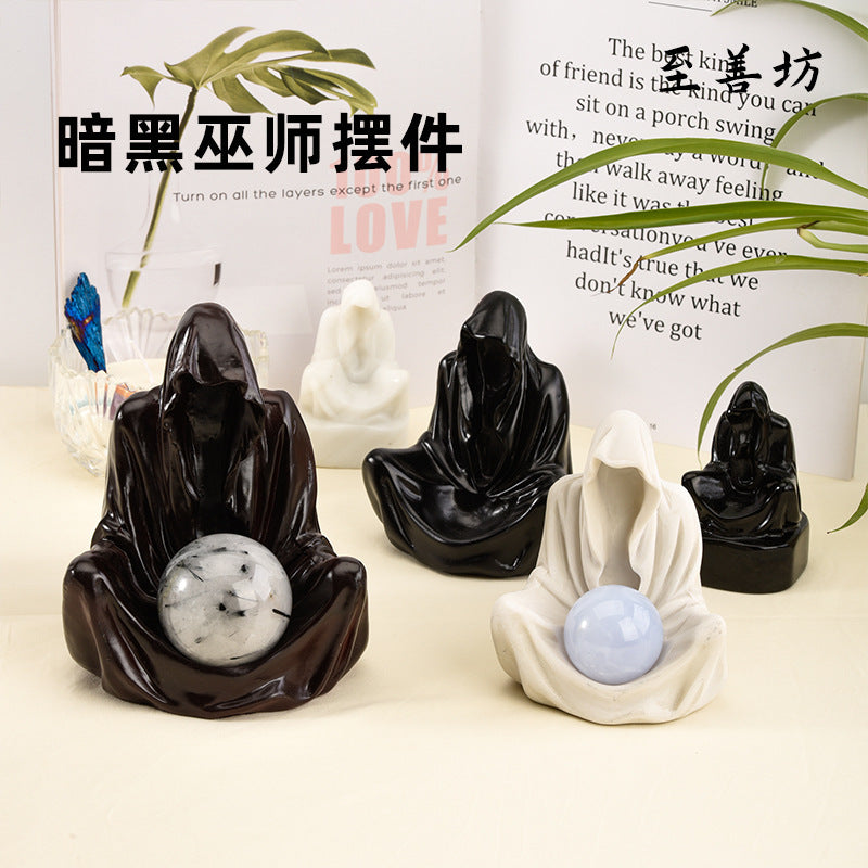 Natural obsidian dark wizard carvings crystal ball raw stone base creative decoration ornaments supply source 