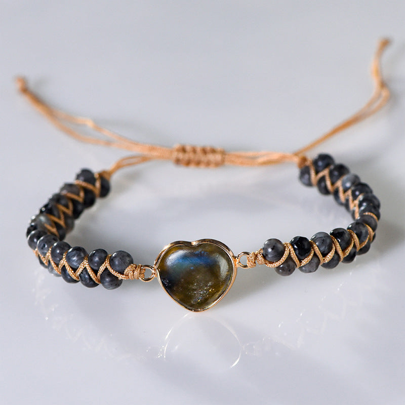 New hand-woven peach heart labradorite bracelet wrapped with amethyst heart-shaped stone adjustable women's bracelet 