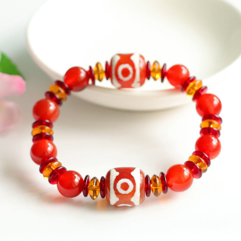 Three Eyes Dzi Bead Bracelet Tibetan Jewelry Red Agate Bracelet MN1122561