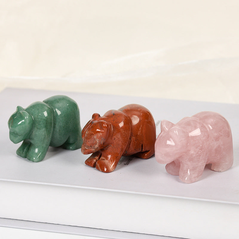 Factory direct supply of jade ornaments for home and office crystal pink crystal aventurine semi-precious stone 2-inch bear carving crafts 