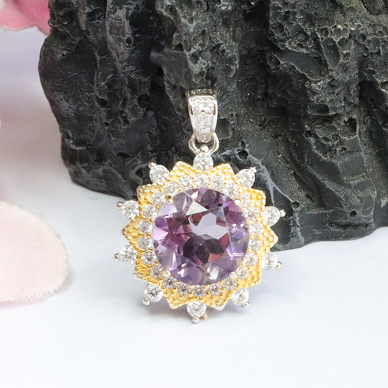 S925 silver inlaid with natural amethyst pendant purple colorful gem necklace CB3110106 