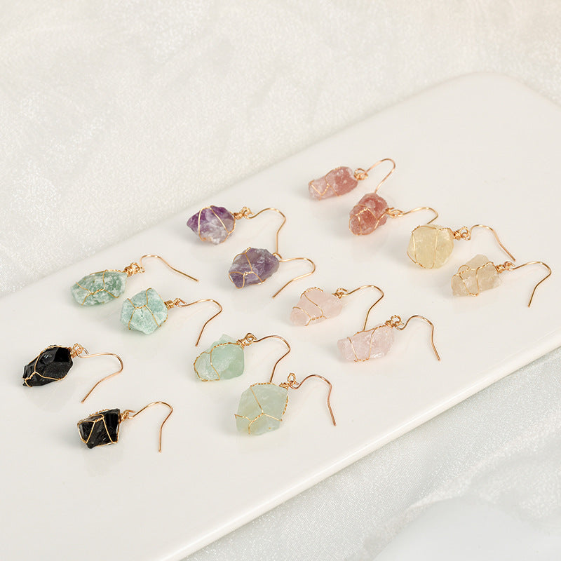 Hot selling natural crystal mixed irregular raw stone earrings creative simple women's handmade earrings 