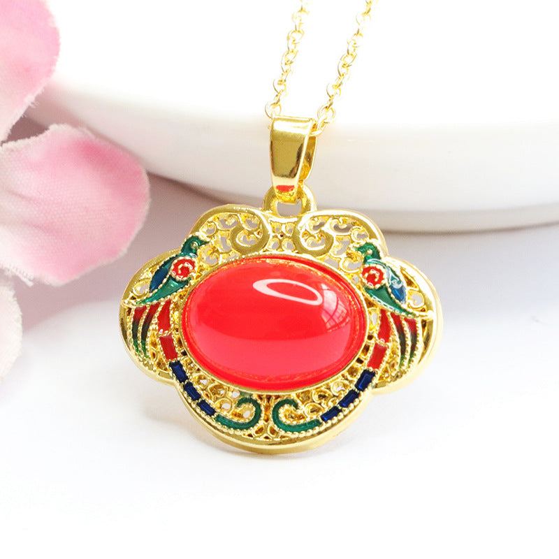 Natural red agate Ruyi pendant enamel green chalcedony necklace national trend MN3110611