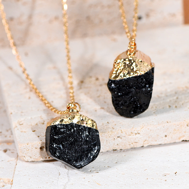 Natural black tourmaline electroplated pendant large quantity spot natural crystal raw stone handmade diy pendant necklace 