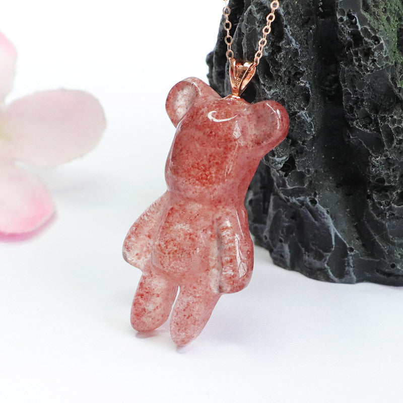 S925 Silver Inlaid Natural Strawberry Crystal Violent Bear Pendant Pigeon Blood Red Jewelry Live Delivery CB2042401 