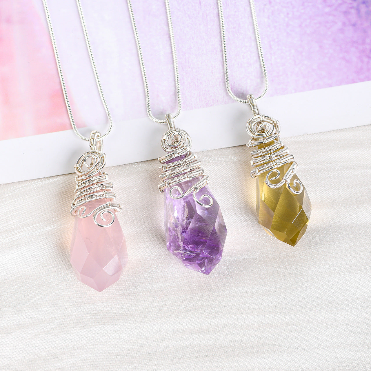 Natural crystal raw stone pendant wrapped around silk European and American pink and white amethyst fluorite high-end crystal pendulum necklace accessories 