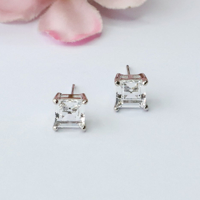 Genuine White Crystal Princess Square Earrings S925 Silver Needle Earrings CB3100812 