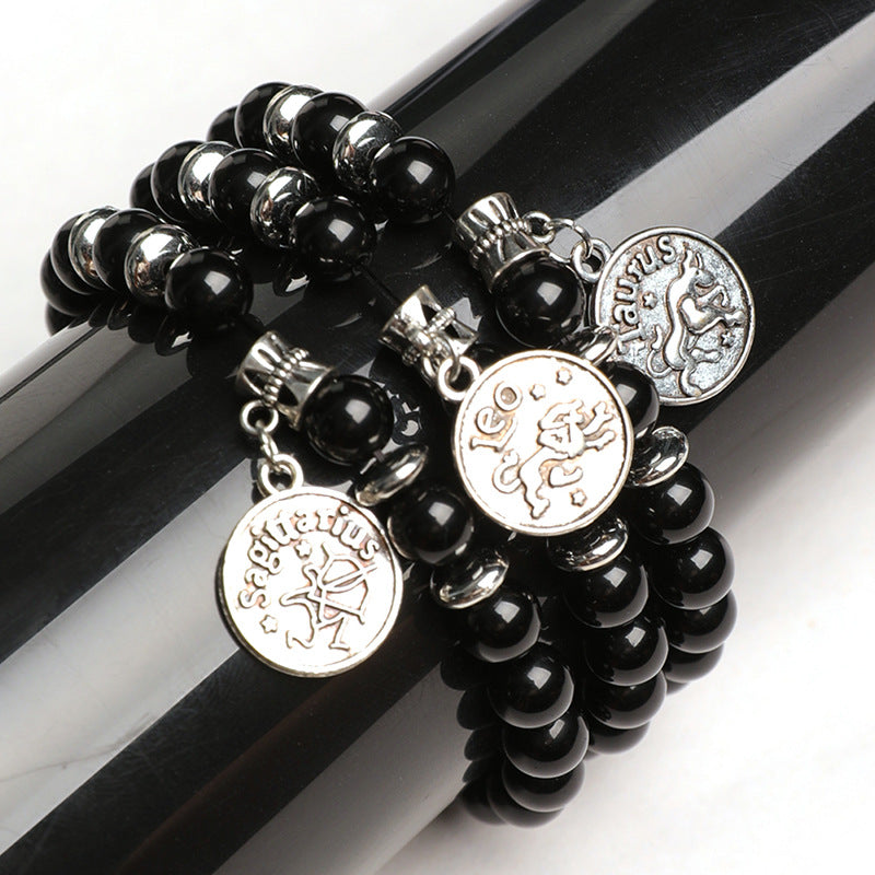 Natural Obsidian Twelve Constellations Planet Beads Bracelet Tag Style Bracelet Couple Style Finger Wrap Soft Bracelet 