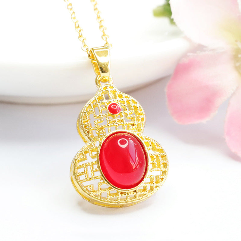 Natural chrysoprase gourd pendant hollow red agate necklace ethnic style MN3110608