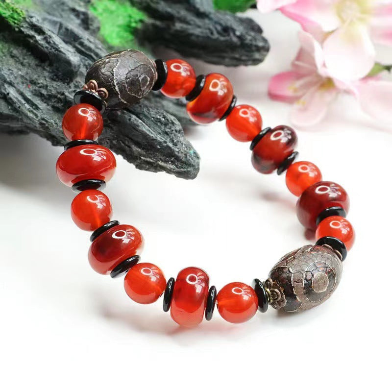 Three Eyes Dzi Bead Bracelet Red Agate Bracelet Chalcedony Jewelry MN1122580