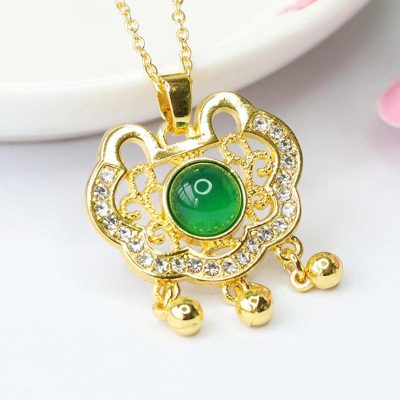 Green Agate Ruyi Lock Pendant Chalcedony Peace Lock Necklace MN3101007