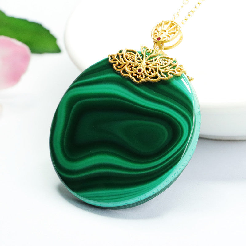 S925 silver inlaid with natural malachite pendant round plate Wushi brand CB2112601 